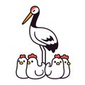 Cartoon crane standing among chickens